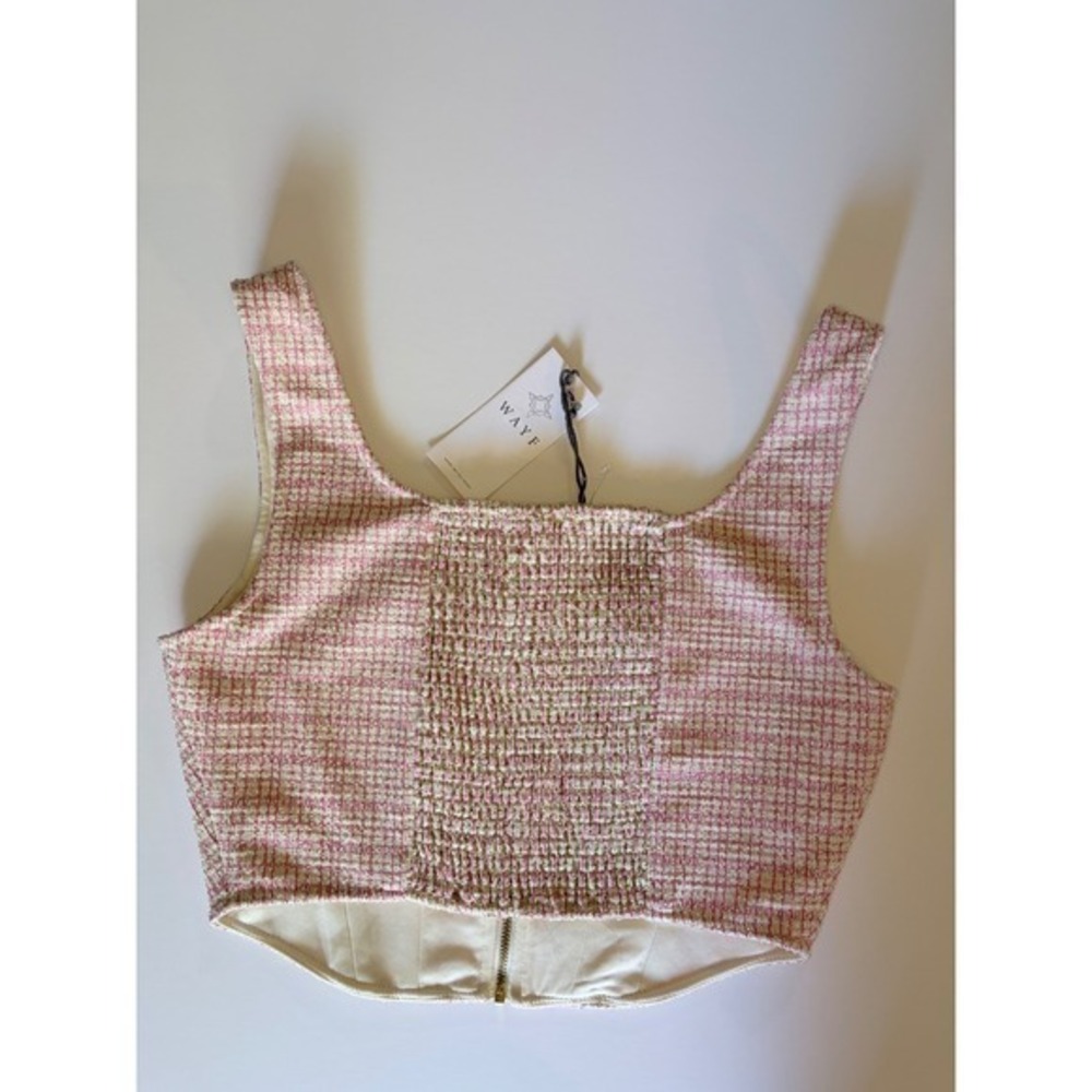 WAYF Pink Tweed Zip Front Crop Top Textured Smocked Back Size S - Picture 3 of 13